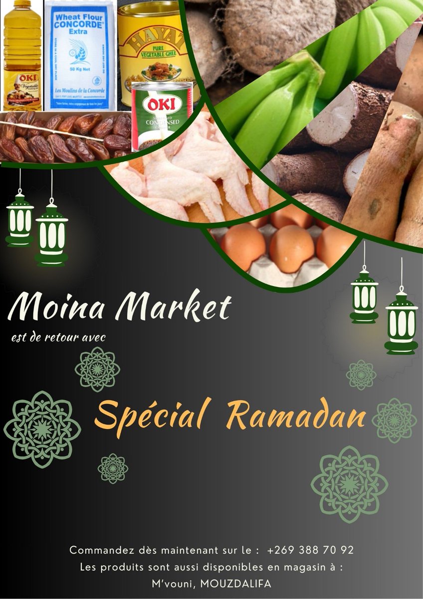 Radio_DouniaWeb's tweet photo. 🌙 Spécial Ramadan – Moina Market 🌙
Tout pour un Ramadan bien préparé :
🍚 Riz ordinaire &amp; basmati
🌾 Farine • 🍬 Sucre
🥩 Viande • 🍗 Ailes de poulet
📍 M’vouni, Mouzdalifa
📞 Commandes : +269 388 70 92
✨ Simplifiez vos courses, profitez du mois sacré. https://t.co/eP4bbvvOpq