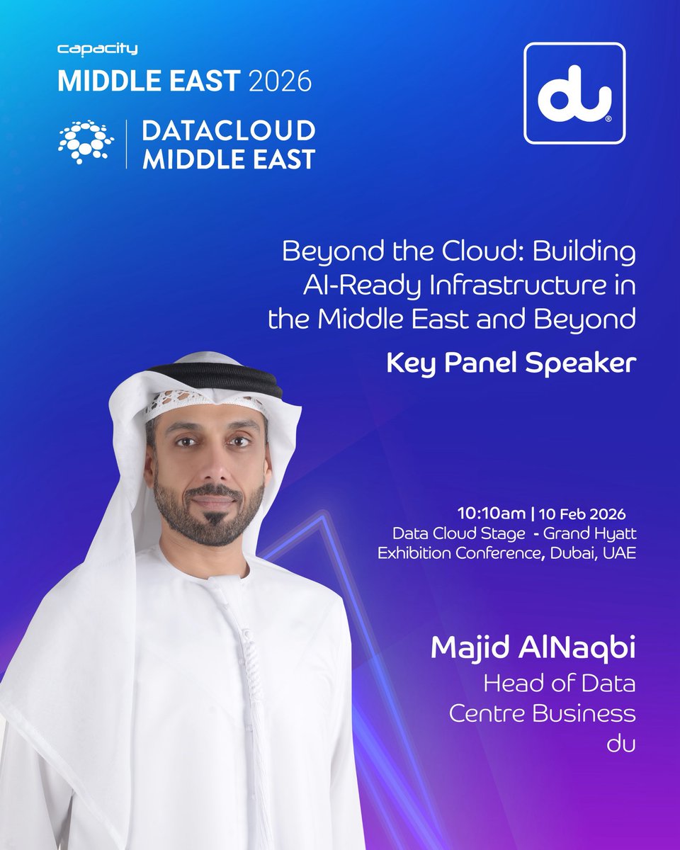 dutweets's tweet photo. Join us at #CapacityMiddleEast 2026 as Majid AlNaqbi, our Head of Data Centre Business, takes part in a panel discussion on building AI-ready infrastructure for the region and beyond to share his vision and #duTech’s narrative for data centres.
Shaping the foundations for the next era of cloud, AI, and digital ecosystems.