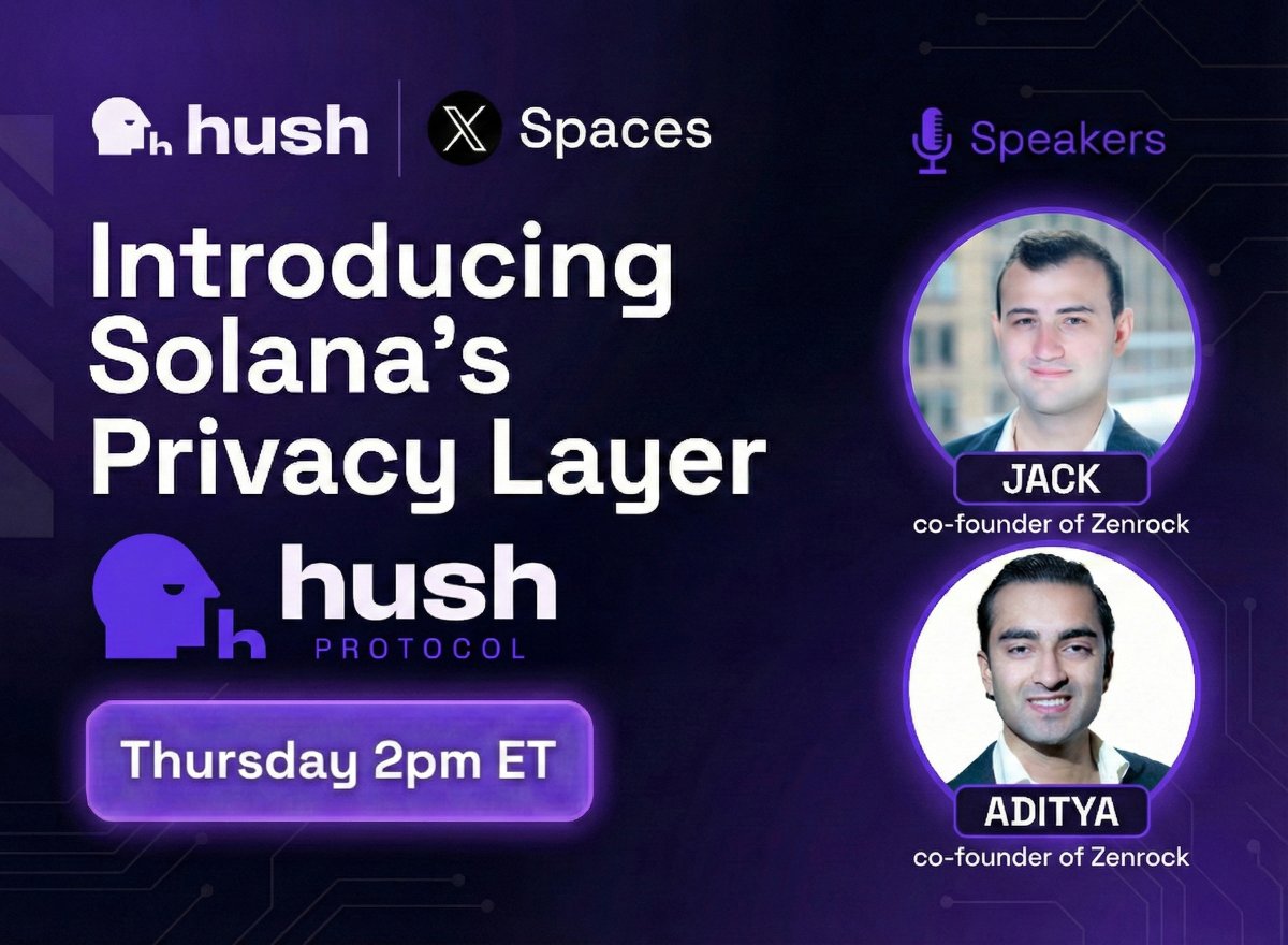 Privacy matters as crypto becomes everyday money.

<a href="/solana/">Solana</a> is fast, cheap, and public. Hush makes it private.

Shield JitoSOL to transact privately, then unshield with no onchain link.

Learn more on spaces:
🗓 2/5 ⏰ 2pm ET

Set a reminder here:
x.com/i/spaces/1gqxv…