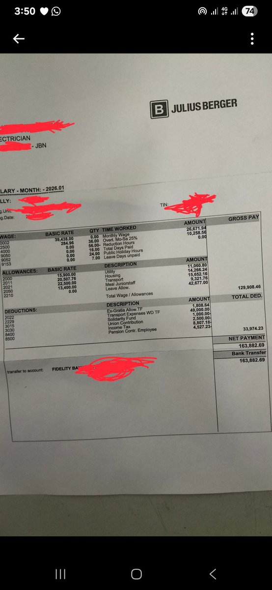 jpattueyi's tweet photo. Someone just sent me their January payslip.
Under the new tax law, this income bracket is supposed to enjoy relief.
Yet PAYE was still deducted.
Let that sink in.

If a multinational like Julius Berger cannot pay a living wage in this economy, how exactly is an SME supposed to survive?
And no, before the usual defenders arrive, this worker should not be paying taxes.
He should be receiving government support.

This is not “taxing the rich.” 
This is squeezing the working poor and calling it reform.

I warned you: 
The danger isn’t just higher taxes. 
It’s extraction disguised as fairness.
And it doesn’t stop at PAYE.

Once that salary hits his bank account:
VAT is waiting
WHT will ambush him
Levies, charges, deductions all lined up.

Then we act surprised when young people:
Borrow to survive
Can’t save
Can’t plan
Can’t breathe
This system isn’t broken. 
It’s working exactly as designed. Against the people doing the actual work.

Then, one politician will use the money to carry sugar baby on a PJ.

When I shout about it, one 🤡 that has never entered a commercial plane will come and start doing Voltron, "defender of the oppressors."

One way or another, 
this lesson will be learned.
The easy way… or the very hard way.
But learned, it shall.