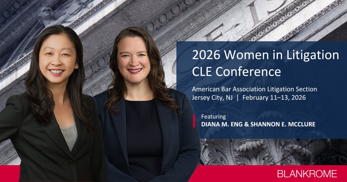 BlankRomeLLP's tweet image. Next week, 2/12: #Womenlitigators learn how to #leadwithpurpose @ABALitigation’s conference. Diana Eng will talk about translating litigation experience into effective corporate legal leadership &amp;amp; Shannon McClure will discuss lead counsel gender disparity: bit.ly/4bdKLyB