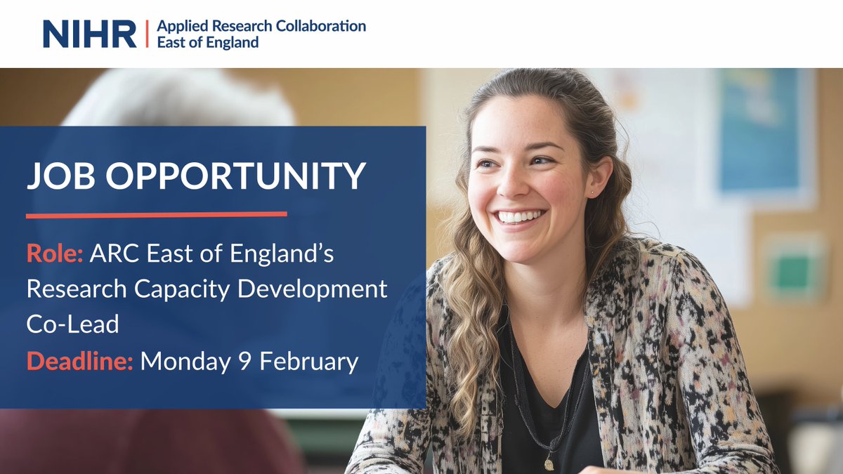 ARC_EoE's tweet photo. 📢 We are seeking a Co‑Lead to help guide our Research Capacity Development workstream and contribute to our mission of building a thriving, research‑active workforce across health and care in the region.

⚠️ Deadline: Monday 9 February 2026
 
Apply here➡️https://t.co/IwcnGCOlyX https://t.co/m4wyF8HZ88