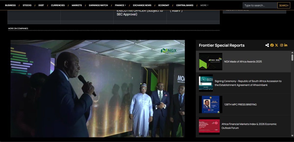 FrontierAFR's tweet photo. Wed 4th Feb 2026: NGX Made of Africa Awards 2025

https://t.co/FiVStnS1RQ

#UMARUKWAIRANGA @ngxgrp #TemiPopoola @NSE_PLC #TimiAgama @SECNigeria @DMONigeria @DangoteGroup @DangoteCement @MTNNG @ChapelHillNg @CardinalStoneNG https://t.co/3CYyNgecu0