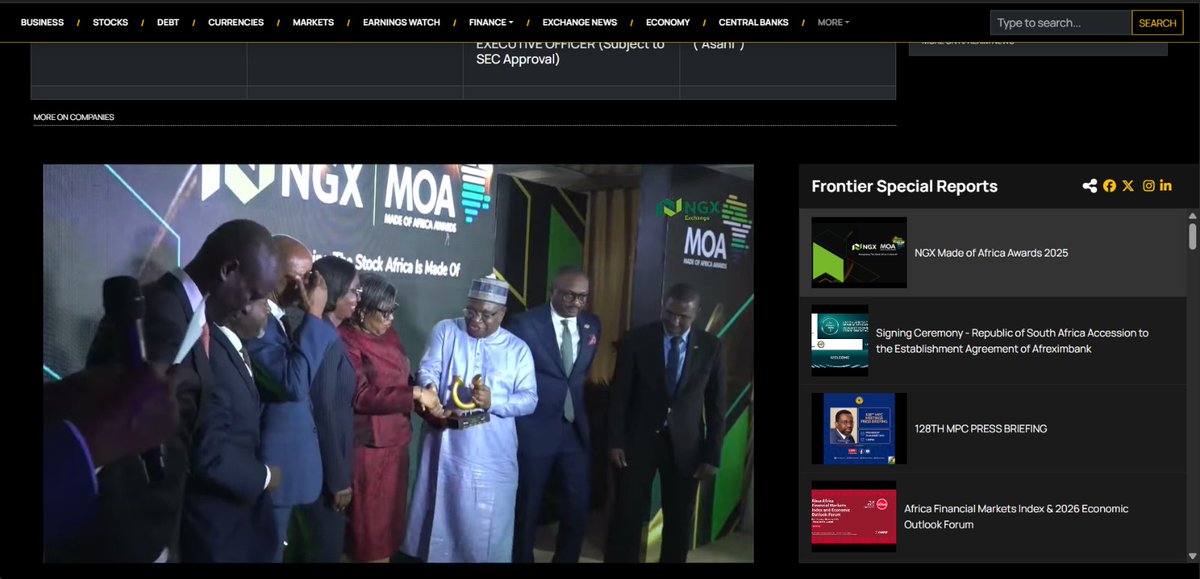 FrontierAFR's tweet photo. Wed 4th Feb 2026: NGX Made of Africa Awards 2025

https://t.co/FiVStnS1RQ

#UMARUKWAIRANGA @ngxgrp #TemiPopoola @NSE_PLC #TimiAgama @SECNigeria @DMONigeria @DangoteGroup @DangoteCement @MTNNG @ChapelHillNg @CardinalStoneNG https://t.co/3CYyNgecu0