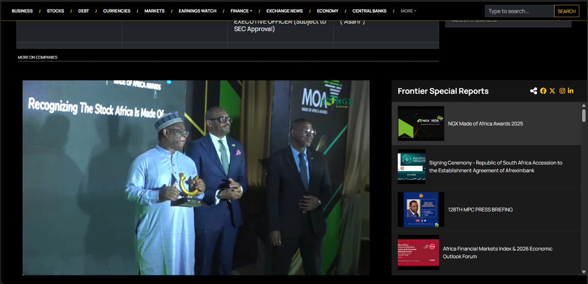 FrontierAFR's tweet photo. Wed 4th Feb 2026: NGX Made of Africa Awards 2025

https://t.co/FiVStnS1RQ

#UMARUKWAIRANGA @ngxgrp #TemiPopoola @NSE_PLC #TimiAgama @SECNigeria @DMONigeria @DangoteGroup @DangoteCement @MTNNG @ChapelHillNg @CardinalStoneNG https://t.co/3CYyNgecu0