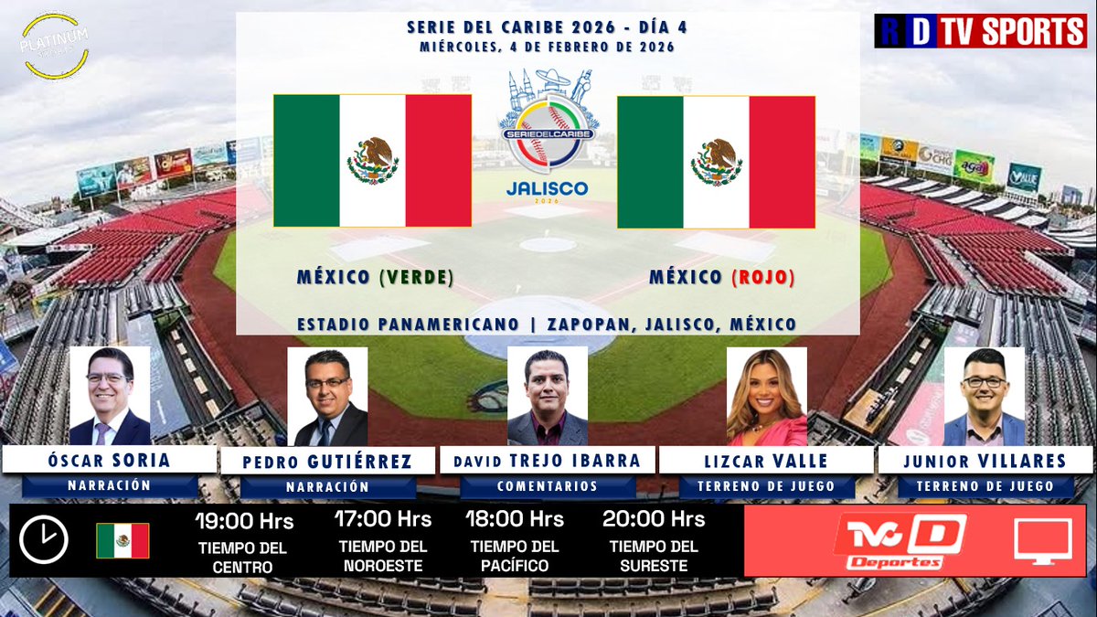🇲🇽 ⚾️ #SerieDelCaribe  #Jalisco2026  #Día3 | 🇲🇽 #México Verde 🟩 <a href="/clubtomateros/">Tomateros de Culiacán</a> 🆚 #México Rojo 🟥 <a href="/charrosbeisbol/">Charros de Jalisco🤠</a> 🇲🇽

🗓️ Hoy
🇲🇽⏰ 19:00 Hrs TC, 17:00 Hrs TP
📺 <a href="/TVCDeportes/">TVC Deportes</a>
🎤 Óscar Soria
🎤 Pedro Gutiérrez 
🎤📝 <a href="/dtrejo3/">David Trejo Ibarra</a>
🎤⛳ <a href="/lalelizvzla/">Lizcar Valle</a>
🎤⛳️ <a href="/VillaresJr/">Junior Villares</a>

🤳