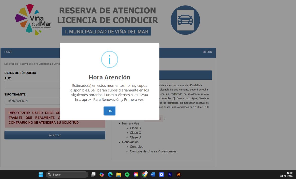 gonzaguirre's tweet image. Cómo nunca hay hora para Renovar Licencia de Conducir en Viña del Mar?
No hay cupos, entré a las 12 en punto y nada!
Fui al Hotel O´higgins y te dicen que hay que hacerlo por internet. Llevo meses así y nada
@MacaRipa por fa, cambien la forma de agendar las horas!