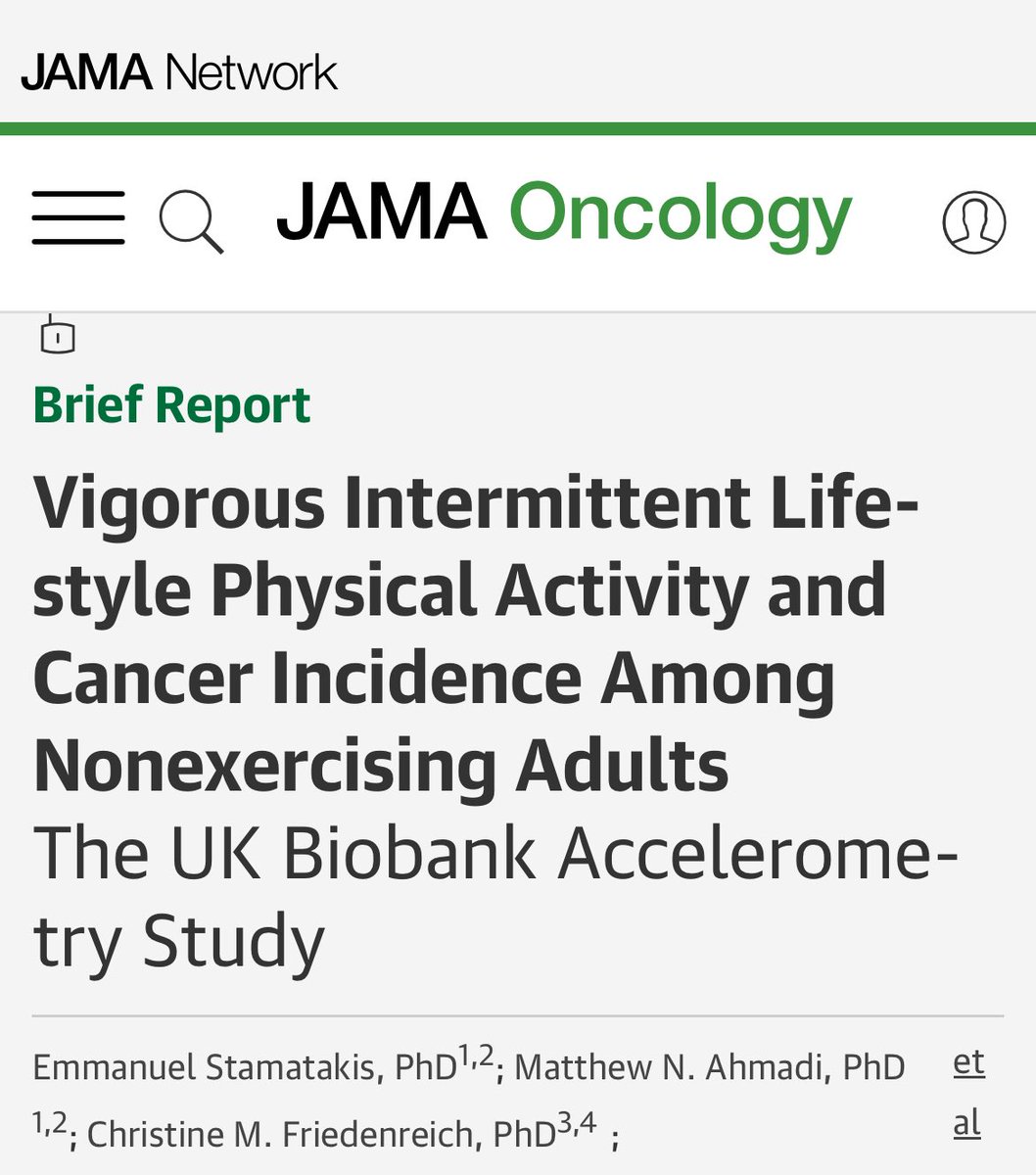 AdamPrabata's tweet photo. Olahraga ternyata bisa menurunkan risiko kanker

3–4 menit aktivitas fisik intensitas tinggi (Vigorous Intermittent Lifestyle Physical Activity / VILPA) setiap hari, seperti jalan cepat, jogging, atau bersepeda berasosiasi dengan penurunan risiko kanker sebesar 17–18% dibandingkan orang yang sehari-hari tidak melakukan aktivitas tersebut sama sekali.

Penurunan risiko akan semakin baik seiring dengan bertambahnya durasi olahraga.