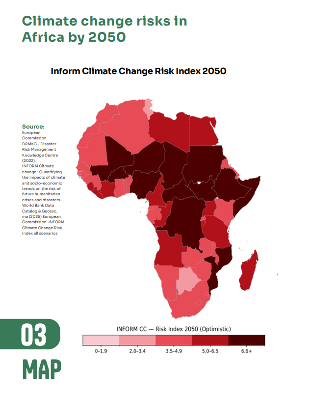 PolicyCenterNS's tweet photo. 🗺️ In the 12th edition of #AtlanticCurrents, this map, developed by our economist @LA_Lahzaoui, illustrates the projected change in the INFORM #ClimateRiskIndex across African countries between 2022 and 2050, under an optimistic scenario.
💡 Even under a #sustainability-oriented pathway, the map shows a widespread increase in climate-related vulnerability across #Africa, with strong regional disparities shaped by exposure, vulnerability, & coping capacity.
🔗 https://t.co/wVxZYxI3He