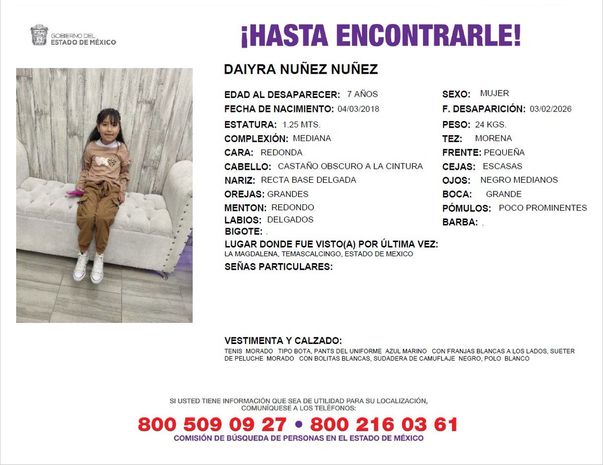 Solicitamos de tu apoyo en difusión para dar pronta localización a Dayra Nuñez Nuñez, comunícate a los teléfonos al pie del boletín. #TodosEnLaBúsqueda