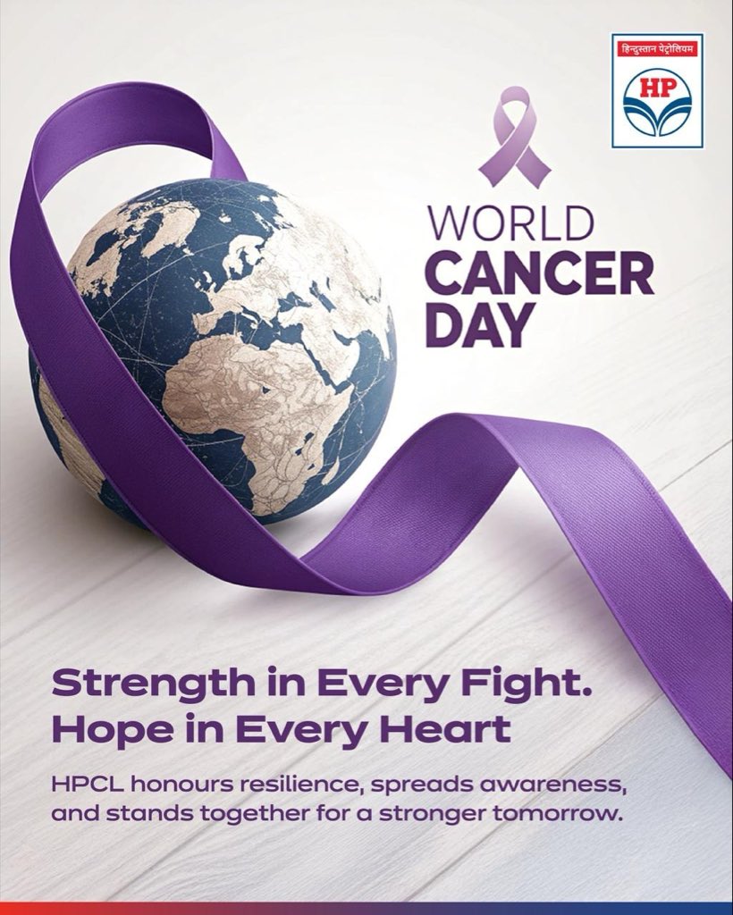 HPCL's tweet photo. Together against cancer. Together for hope.

On World Cancer Day, we reaffirm our commitment to awareness, resilience, and a stronger, healthier future. 💜🌍

@HardeepSPuri @PetroleumMin @TheSureshGopi @Secretary_MoPNG @neerajmittalias 

#WorldCancerDay #Health #FuelingHope #TogetherWeFight