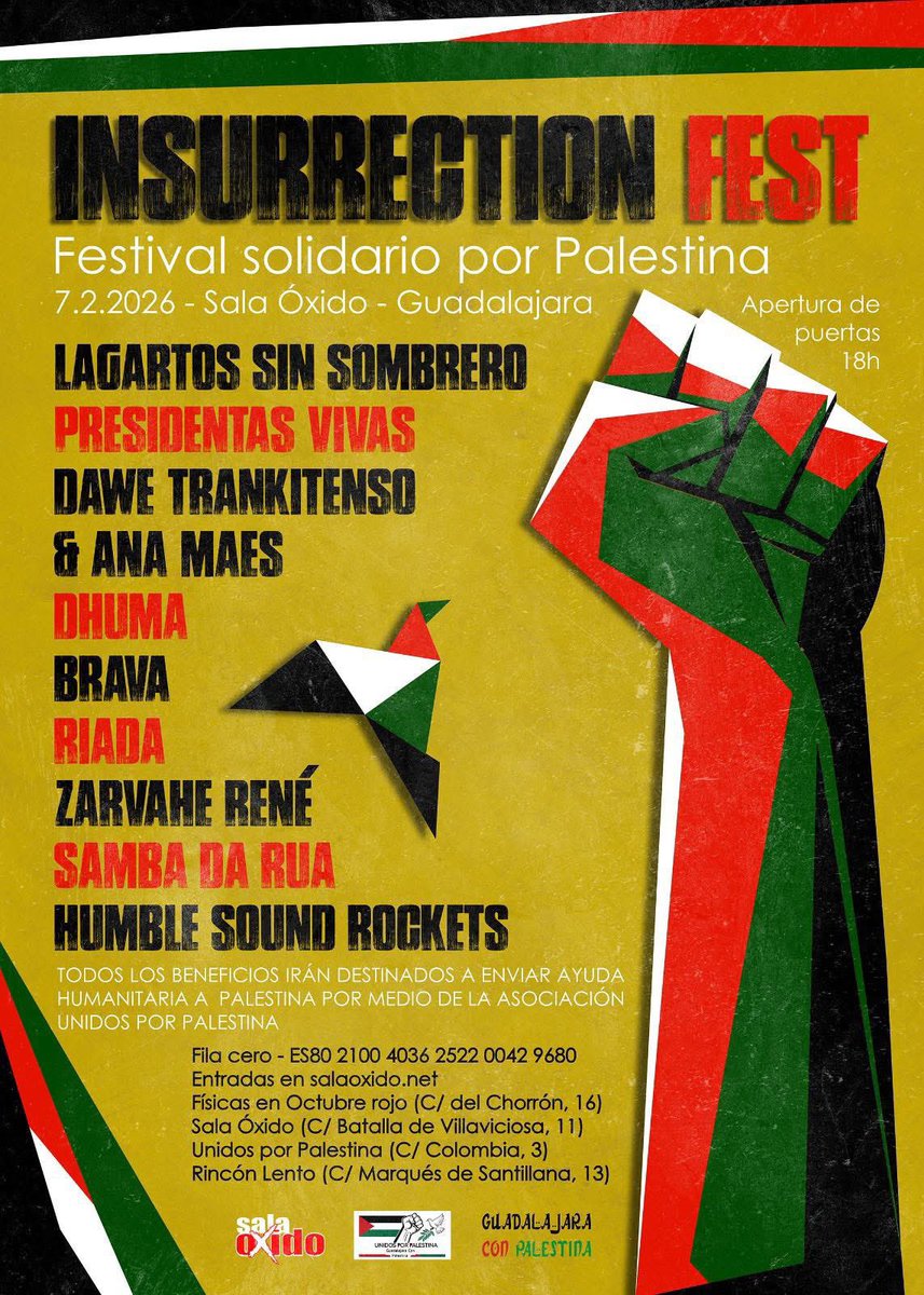 El sábado tenemos una cita ineludible. 
Un montón de bandas y una gente que se ha dejado la piel por organizar este festival. 
Desde las 18:00 os esperamos con este evento solidario por Palestina. 
Info en salaoxido.net