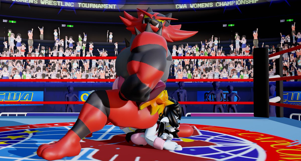 Since getting that 3D MMD model of Connie, I went ahead and commissioned Camper222 from DA to put her in the scenario she fits best: completely jobbing a wrestling match!