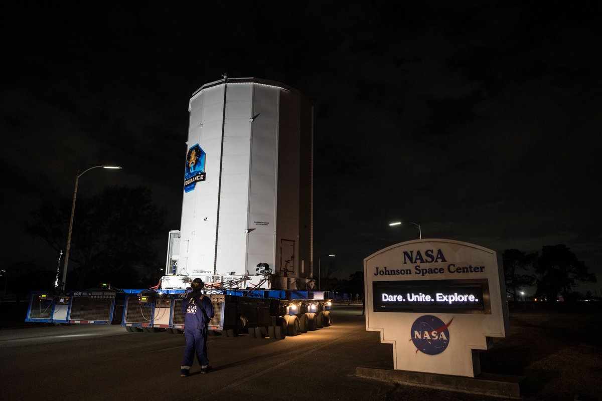 NASAJohnson's tweet photo. The road to the Moon runs straight through Houston.

@blueorigin’s Blue Moon Mark 1 (MK-1) lunar lander has rolled into NASA Johnson Space Center after arriving at the Clear Lake dock and is headed into Chamber A—one of the world’s largest thermal-vacuum test facilities—where spacecraft are tested under the extreme cold, heat, and vacuum of space.

As part of @NASA's Commercial Lunar Payload Services (CLPS) initiative and @NASAArtemis campaign, the lander is slated to carry two NASA science and technology payloads to the Moon, supporting future lunar exploration.