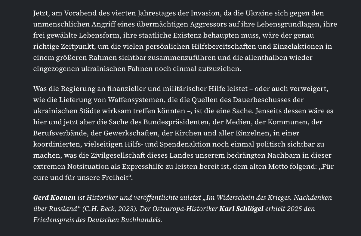 Ein eindringlicher Essay von Gerd Koenen und Karl Schlögel, der zum Handeln auffordert: "Die Kälte wird zur Waffe gemacht, und das Wort dafür ist – nicht zufällig in Anlehnung an den Holodomor, das große Hungersterben in der Ukraine 1932 – 'Cholodomor'."
faz.net/aktuell/feuill…