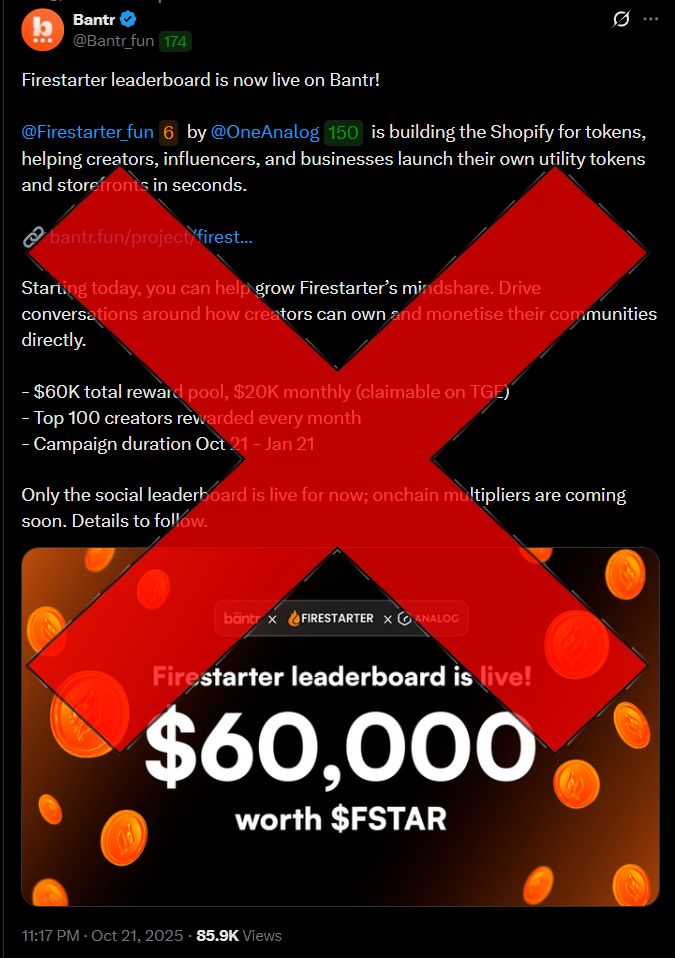 toaneffort's tweet photo. ❌❌❌Both @Bantr_fun (@apurvkaushal )  and @Firestarter_AI (@VictorYoungMe )  are showing serious signs of failing to reward users and creators properly.

For nearly 3 months, creators and community members have contributed to an InfoFi campaign promoted through Bantr, investing real time and effort based on trust and the expectation of transparency.

Yet we are still left with:

> No clear TGE timeline

> No meaningful updates

> No communication to participants

> No accountability from either side

What makes this worse is Bantr’s role as the middleman platform.

Bantr accepted booking fees to host and promote these campaigns, but when the community asked for answers, the response was essentially

That is not leadership. That is not responsibility.

Creators are not disposable marketing tools, and communities should not be ignored once fees are collected.

The community deserves clear answers:

> Has Firestarter provided any real timeline or commitment?

> What responsibility does Bantr take when campaigns stall?

> What protections exist for creators who contribute for months with nothing in return?

Transparency is not optional  it is the bare minimum.

If neither Bantr nor Firestarter can provide a clear resolution, creators and users will not support any future project or campaign associated with you and your credibility in this space will be permanently damaged.