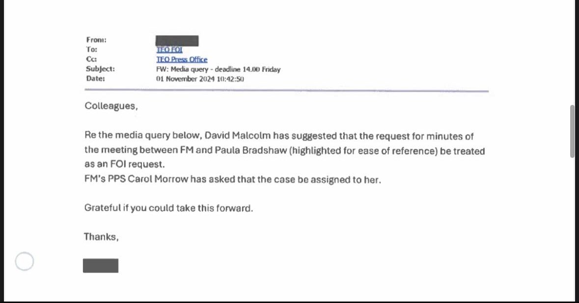 Michelle O’Neill says it would  be inappropriate for Ministers to be involved in FOIs as that should be done by independent unit. 

Wait to you see how shocked she will be to find her Private Secretary Carol Morrow seized control of the FOI into the very note Ms Morrow authored