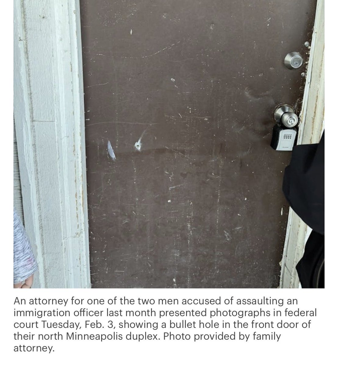 You may have forgotten the second shooting victim of ICE in Mpls that survived between the two murders, and the night of tear gassing that followed, but this is the hole in his front door caused by the ICE agent who fired into a house full of kids in “self defense”