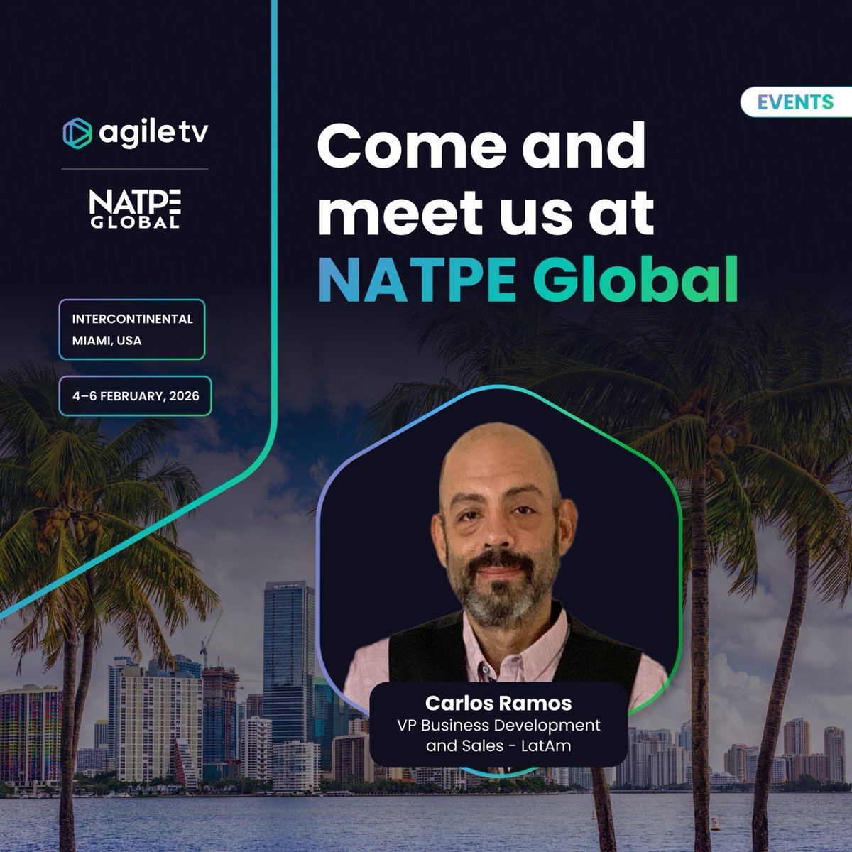 🌴 We’re in Miami for <a href="/NATPE/">NATPE</a> Global 🇺🇸

📍 InterContinental Miami | Feb 4–6

#AgileTV is on site helping broadcasters and operators launch, scale &amp; optimize TV services, from high-performance video delivery to subtitling &amp; accessibility.

Get in touch: eu1.hubs.ly/H0rv4PJ0