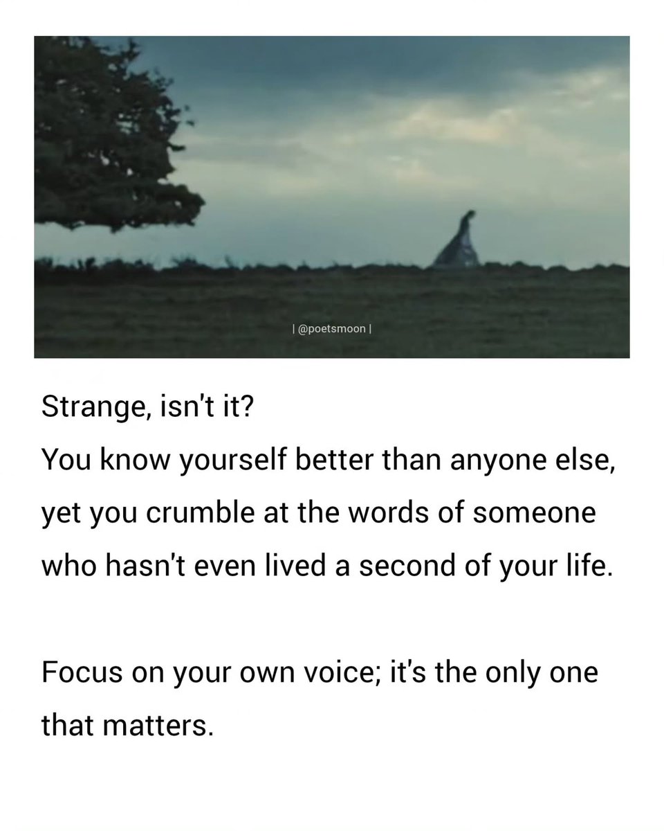 Strange, isn't it?

You know yourself better than anyone else, yet you crumble at the words of someone who hasn't even lived a second of your life.

Focus on your own voice; it's the only one that matters.