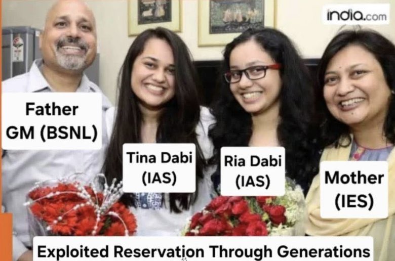 Family of four took 4 reservations in School, 4 reservations in college, 4 reservations in UPSC and continue to take 4 reservation in promotions for the rest of their lives.

The story wont stop here. Another generation will follow the same law while chanting Jai Bhim against