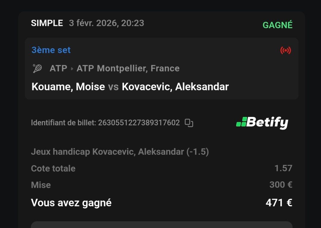 BOUUUM BOUUUM BOUUUM ON ENCHAÎNE 🔥

🎾🇫🇷 Kouame vs Kovacevic : Kovacevic handicap gagne par au moins 2 jeux <a href="/1/">1</a>,57 ✅✅🌵

10€ en Paysafecard à gagner 🎁 

Commente ❤️ / 🔄

🔐 Mon VIP a 0,99€  👉 sub-starter.com/fr/cactusprono…

⚡️ S'inscrire sur Betify 👉 tinyurl.com/BETIFYOFFICIEL