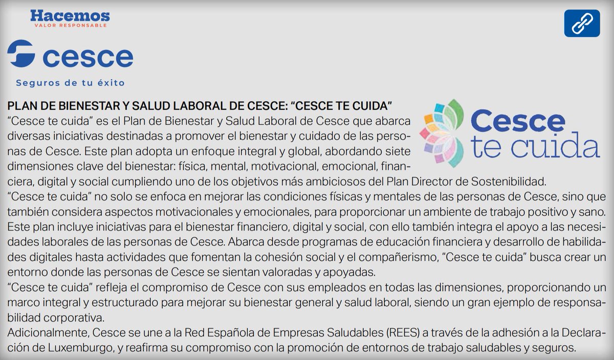 Corresponsables's tweet image. 📖 Descubre algunas de las buenas prácticas de Cesce en el #20AnuarioCorresponsables 👉 f.mtr.cool/wlbnsrklez

🏛️ G – #Gobernanza

💙 Plan “Cesce te cuida”: Iniciativa integral de #Bienestar y #SaludLaboral que aborda siete dimensiones clave: #física, #mental, #motivacional,