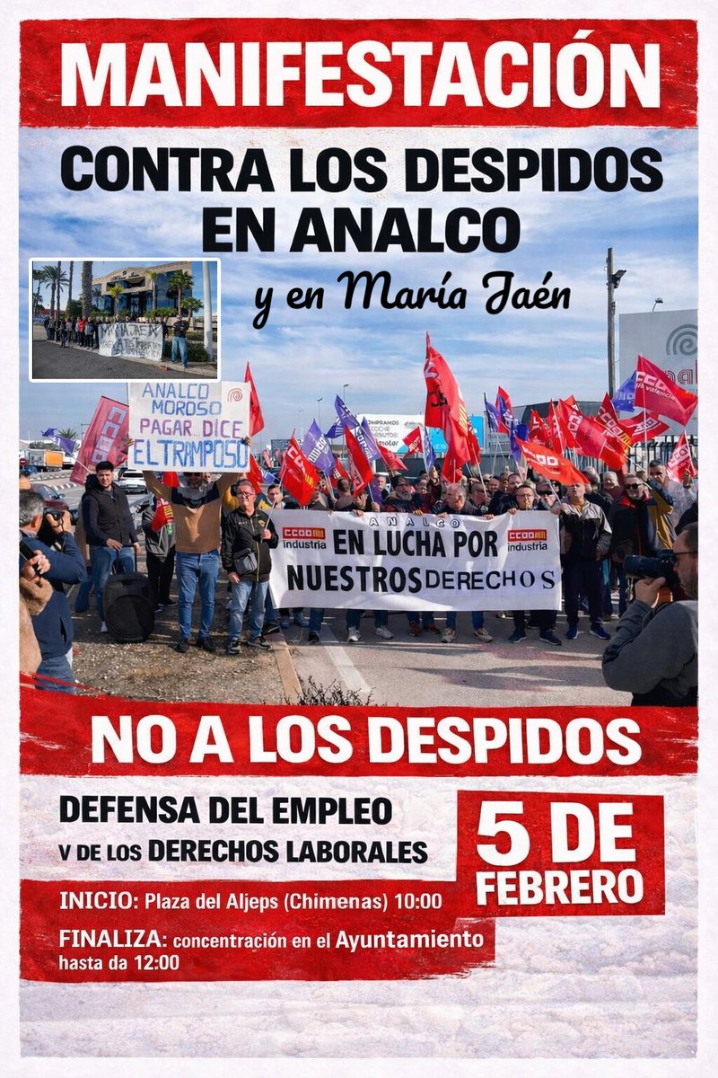 #PaísValenciano El Elche obrero y sindical se mueve por los derechos de trabajadores y trabajadoras. Mañana 5 de febrero, a las 10:00 desde la Plaza de Aljeps, con los compañeros y compañeras de ANALCO y María Jaén. No seas indiferente, toma posición en la lucha de clases.
