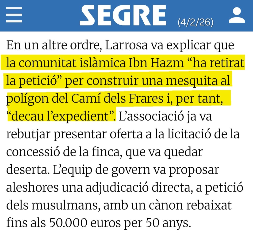 Aliança Catalana ha aconseguit aturar, mitjançant impugnació, l'expedient de cessió d'un solar públic a una associació islàmica i la conseqüent construcció d'una macromesquita.

Destapant el frau de llei, hem frenat la islamització del país!

💙#SalvemLleida
