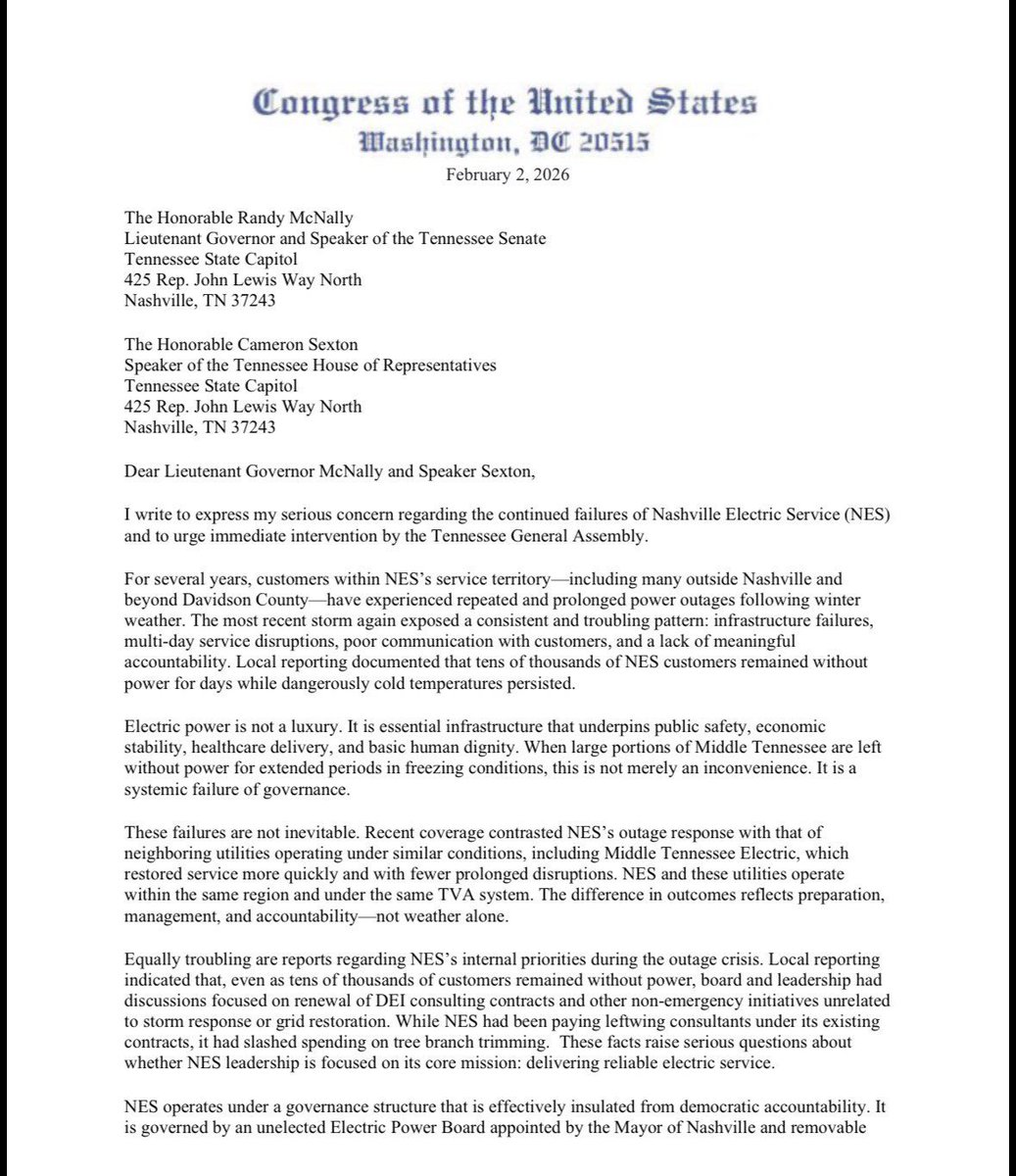 RepOgles's tweet image. 🚨 LETTER TO TN GENERAL ASSEMBLY

Over 20,000 people in metropolitan Nashville are without power. Many of these people are in my Congressional district and experienced NO relief from the Nashville Electric Service.  I am asking the TN General Assembly to do four things.

1. Take…