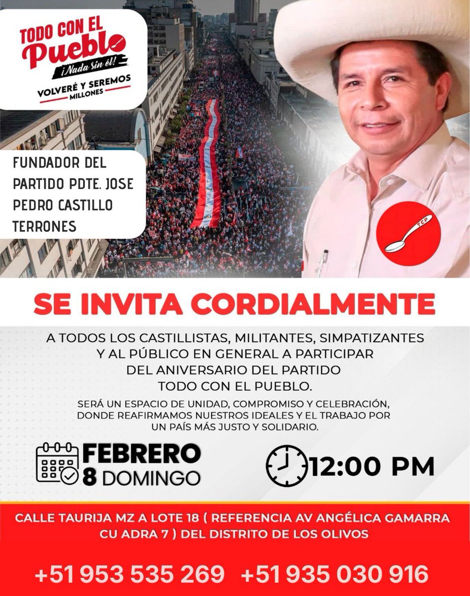 TCP_Peru's tweet photo. INVITACIÓN AL PUEBLO CASTILLISTA

Con orgullo y convicción, invitamos a todo el pueblo castillista a conmemorar los dos años de fundación de nuestro partido político Todo con el Pueblo, nacido de la lucha popular y fundado por nuestro máximo líder, el presidente Pedro Castillo. https://t.co/79HgKTHhr9