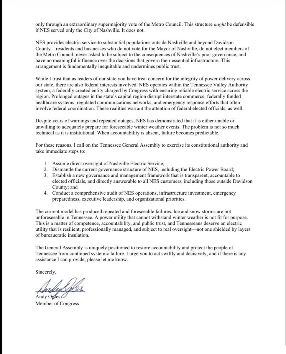 RepOgles's tweet image. 🚨 LETTER TO TN GENERAL ASSEMBLY

Over 20,000 people in metropolitan Nashville are without power. Many of these people are in my Congressional district and experienced NO relief from the Nashville Electric Service.  I am asking the TN General Assembly to do four things.

1. Take…