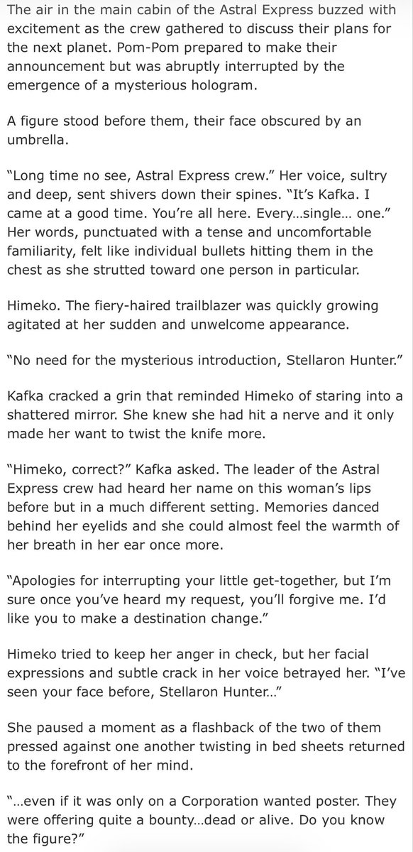 If you’ve read our Hoyo works, you know we love to give our own take on actual in-game dialogue. Kafhime’s famous scene was the first one we worked on for HSR. ☺️

archiveofourown.org/works/54301984…

#hsr #kafhime #honkaistarrail