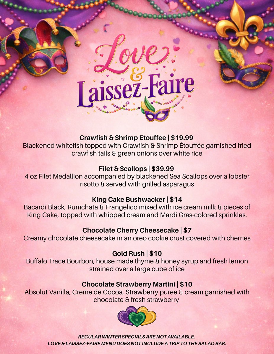 Love &amp; Laissez Faire! 💜💛💚
Join us at both our Orange Beach and Foley locations for a taste of love and New Orleans flair starting next week!

Friday, February 13 – Tuesday, February 17

#LoveAndLaissezFaire #MardiGras #NOLAFlair #TasteOfNewOrleans #ValentinesDay #FatTuesday