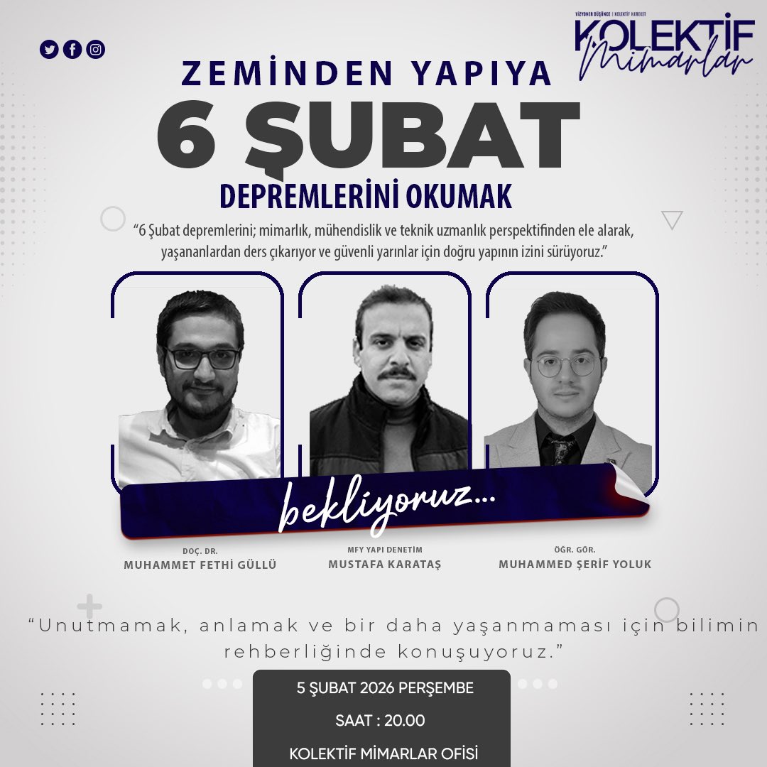 Unutmamak için değil sadece;
anlamak ve bir daha yaşanmaması için sorumluluk almak için buluşuyoruz.

6 Şubat’ı yaşamış olanlarla,
zeminden yapıya bilimin ışığında okuyoruz.

Deprem gerçeğiyle teknik bilgilerle “Yüzleşmek” isteyen herkesi bekliyoruz.

📍 Kolektif Mimarlar Ofisi