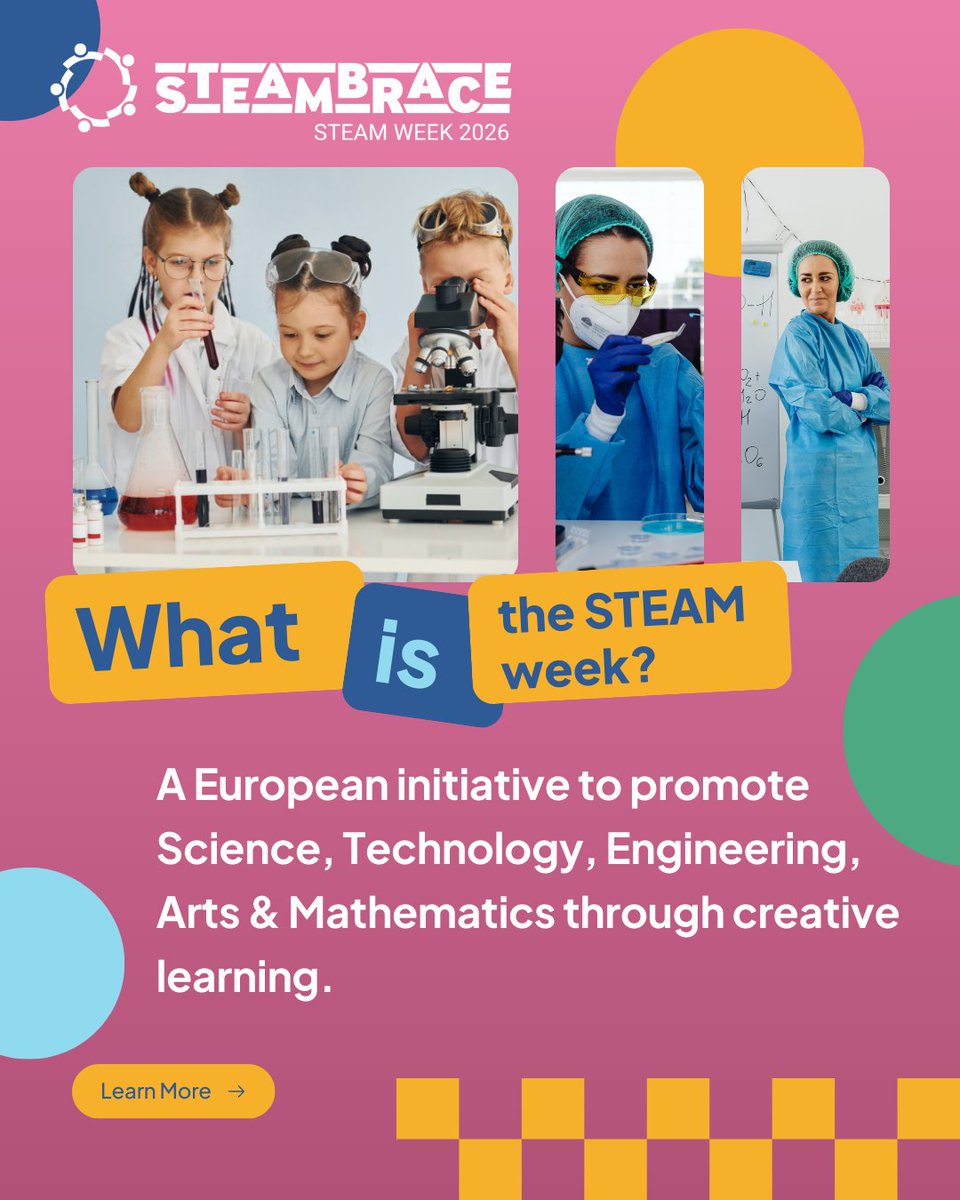 scientix_eu's tweet photo. ✨The @steambrace project is organising the STEAM Week!
A week full of creativity, experiments &amp; innovation🤖🎨
From Monday 16 to Friday 20 February 2026, carry out STEAM activities and share photos from each day using the hashtag #STEAMWeek and tagging @steambrace_eu
#STEAMWeek https://t.co/oMdHjnFBnC