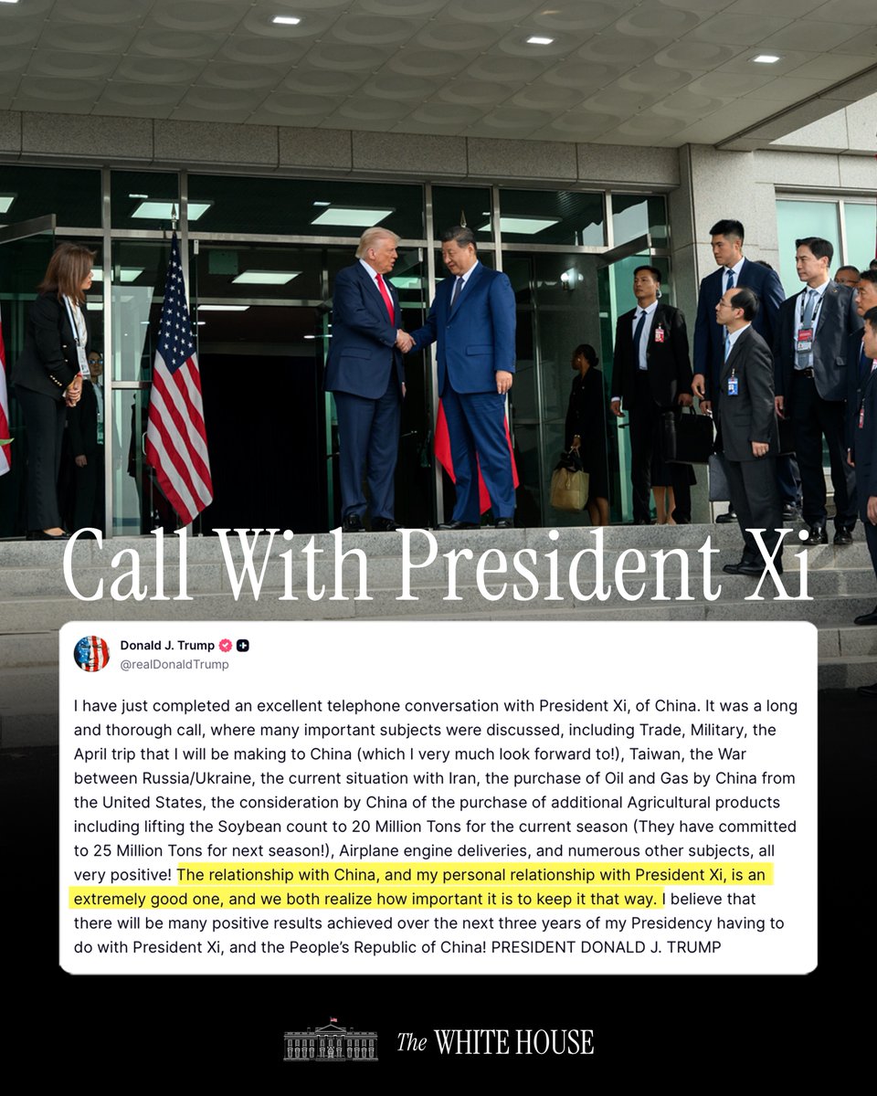 WhiteHouse's tweet image. President Donald J. Trump completes an excellent telephone conversation with President Xi of China on trade, military, and more: