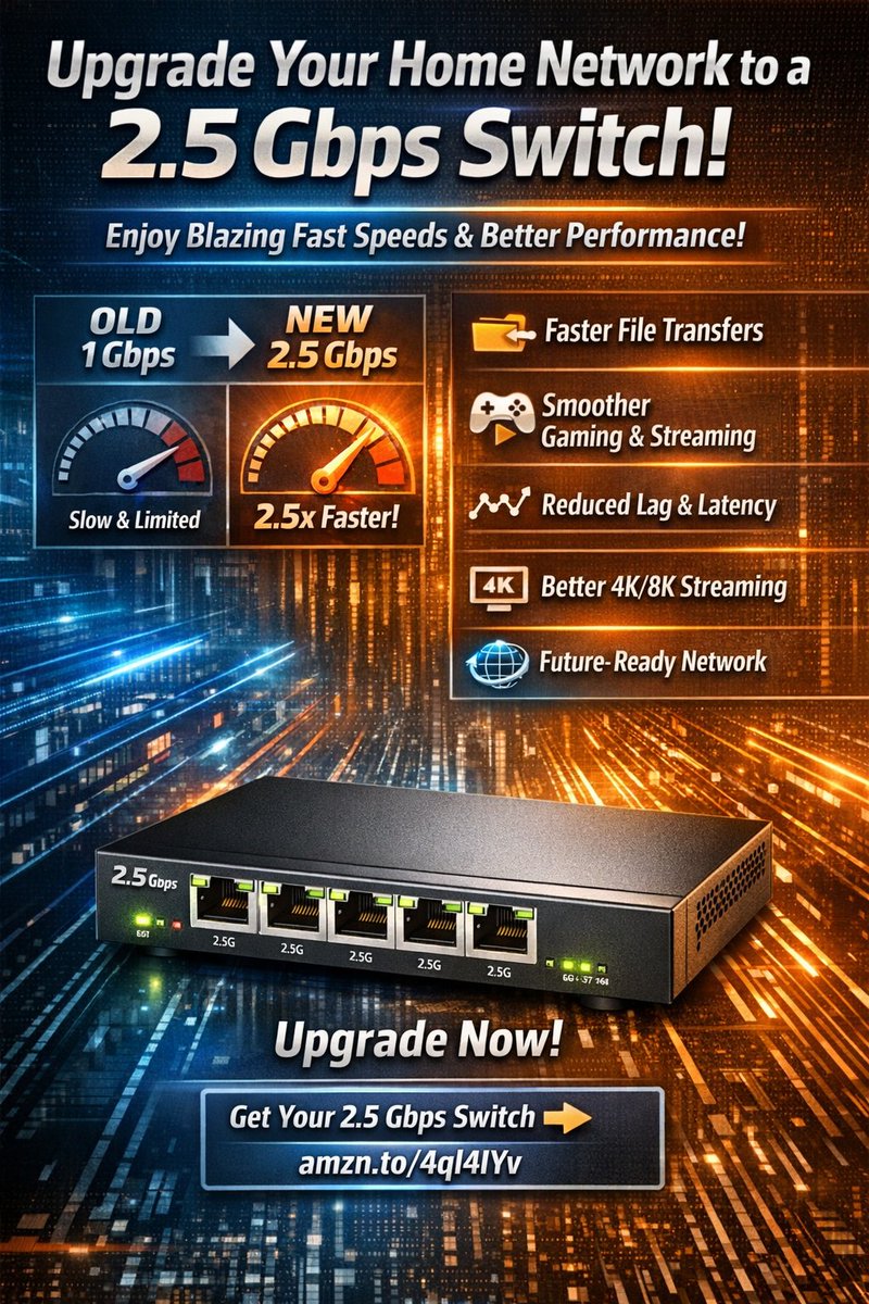 AutoMechTrader's tweet image. Whether you’re a content creator, gamer, streamer, or just want the fastest, most reliable home network possible — this is one upgrade that pays off instantly.

👉 Upgrade your network with a 2.5 Gbps switch here:
 amzn.to/4ql4IYv