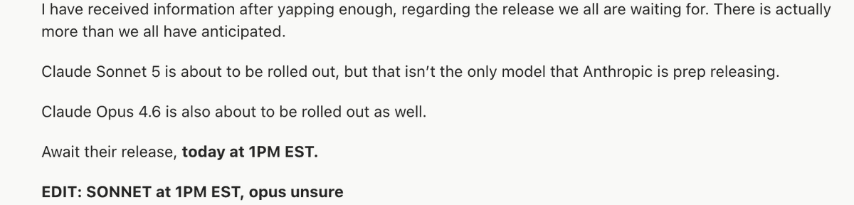itsvksharma_'s tweet photo. Sonnet 5 at 1 PM EST seems likely.

Opus 4.6 is still a question mark.

Feels like we’re only seeing part of the rollout. https://t.co/EsWGNrTS6r