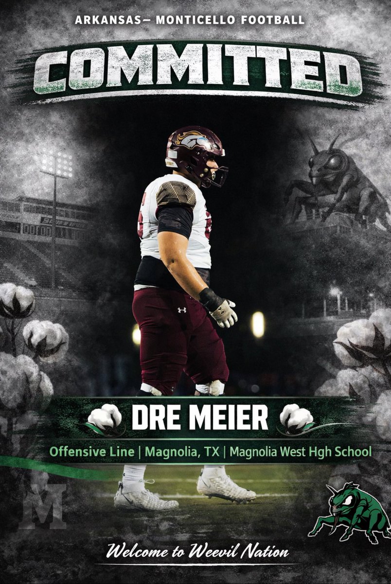 Excited to announce my commitment to <a href="/WeevilFootball/">UAM Football</a> ! Ready to work! #WeDAT #EatEmUp 

<a href="/UAMonticello/">University of Arkansas at Monticello</a> <a href="/UAMsports/">UAM Athletics</a> <a href="/Coach__Hinson/">Ty Hinson</a> <a href="/CoachGGoff/">Gary Goff</a> <a href="/IronWillSC/">Iron Will</a> <a href="/MagWestFootball/">Mustang Football</a> <a href="/MagISDAthletics/">Magnolia ISD Athletics</a> <a href="/mcgeheeben32/">Coach Mc</a> <a href="/CoachMaloneMWHS/">James Malone</a>