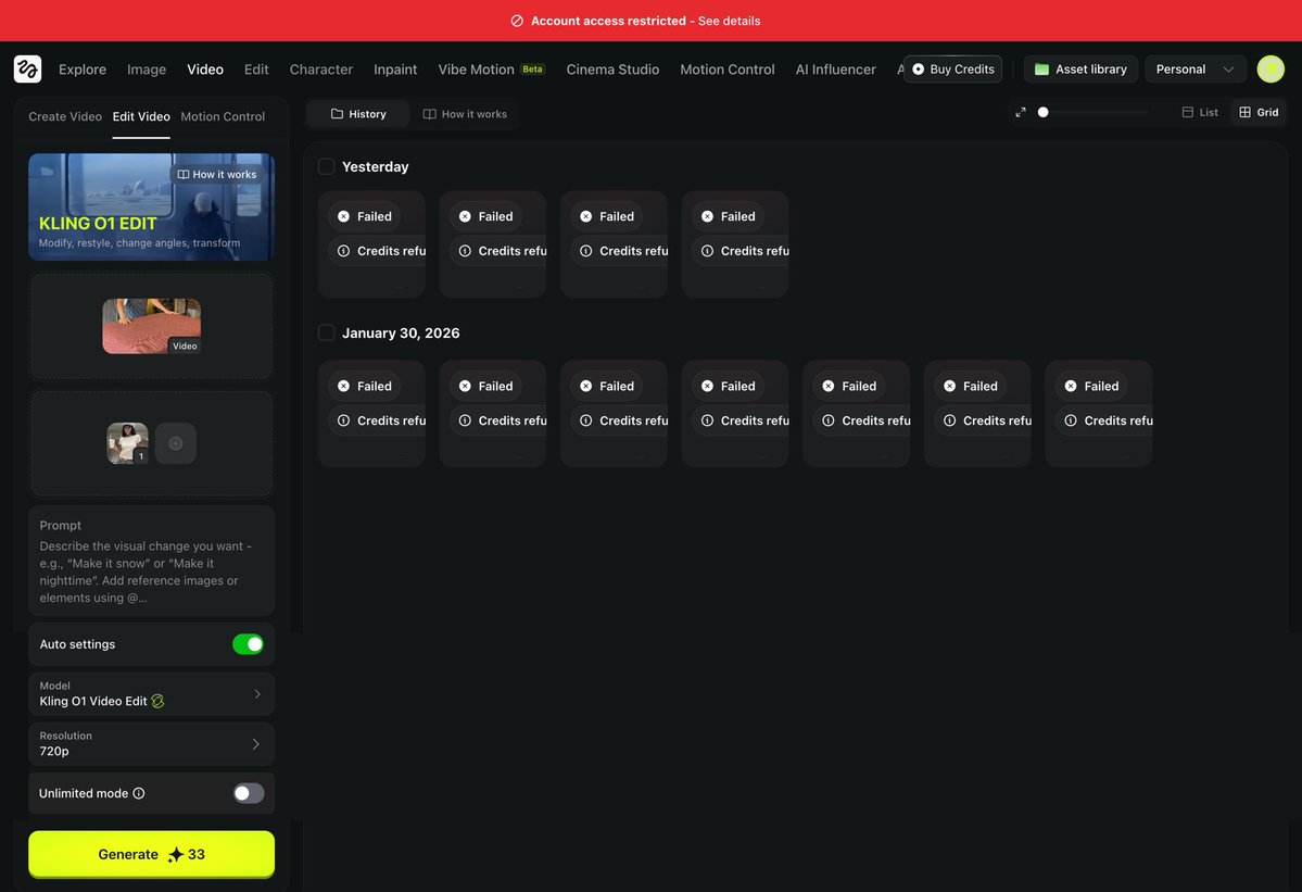 nickfloats's tweet image. Another dark tactic higgsfield uses it throttling the app the moment you convert.

They aggressively promote an "unlimited" annual plan (which is another scam) then the moment you convert, everything starts breaking.

Once they have your money, they don't want you using the app.