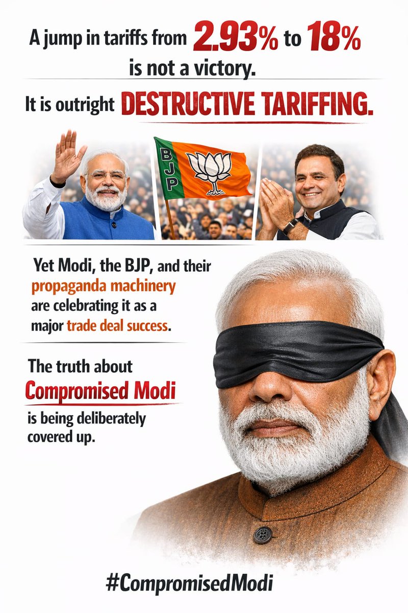 SevadalKPN's tweet image. देश को गिरवी रख दिया अपने #मित्र_टेम्पू को 

This deal weakens manufacturing,
hurts farmers, and raises export costs.
It serves US interests first,
not India’s.
#CompromisedModi