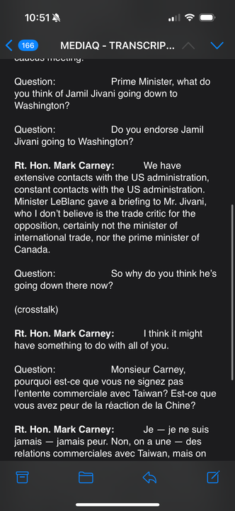 Marco_Vigliotti's tweet photo. Prime Minister Mark Carney suggesting that Jamil Jivani's trip to Washington is less about trying to help with trade ties and more so about grabbing media attention #cdnpoli #uspoli https://t.co/4Q7FUyiYTq