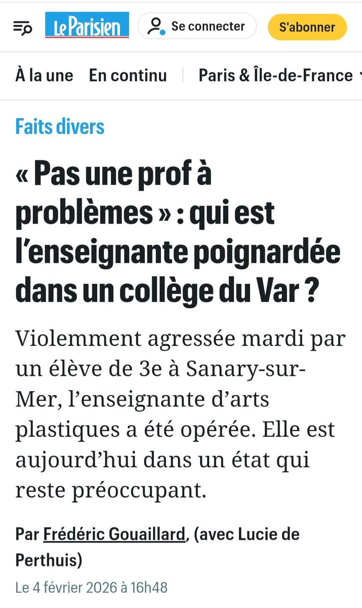 Article poubelle du Parisien dont la titraille est une honte : quelle est la mission sociale de ce « journalisme » qui laisse sous-entendre que si elle était « prof à problèmes », ça serait moins choquant.

Et c’est quoi « prof à problèmes » ? Elle l’aurait cherché ?

Honteux.