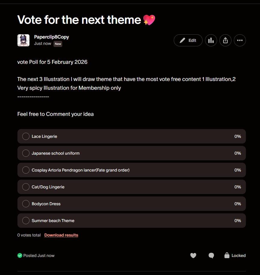 Just a quick update: In the future, you'll be able to vote for my artwork. Once Illustration will be public for everyone, and two more spicy illustration will be available for subscribers. 💖💖

My Patreon doesn't have many artworks yet, so it might not be worth it.