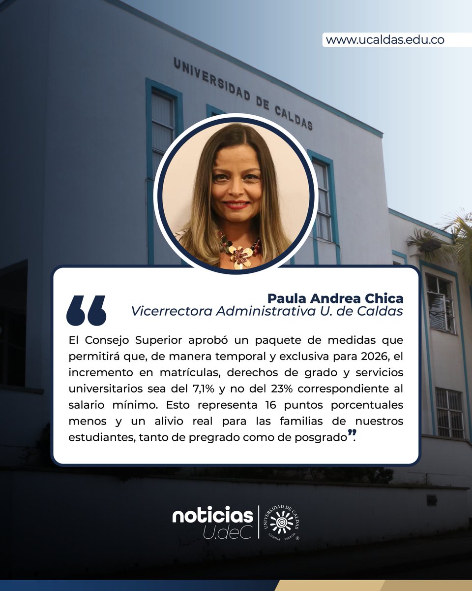udecaldas's tweet photo. Universidad de Caldas mitiga impacto del aumento del salario mínimo en matrículas 2026.

Toda la información aquí: https://t.co/8wJmaFie6y https://t.co/zW9yFj7bBZ