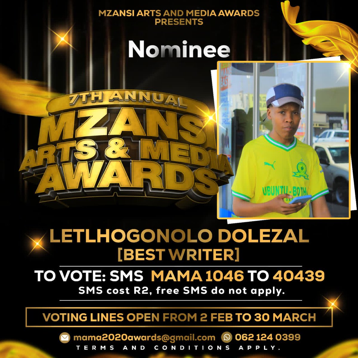 DeeKotsedi's tweet photo. To vote for me: SMS MAMA 1046 TO 40439. SMS cost R2. Free SMS do not apply. https://t.co/ZMdNUxMN3g