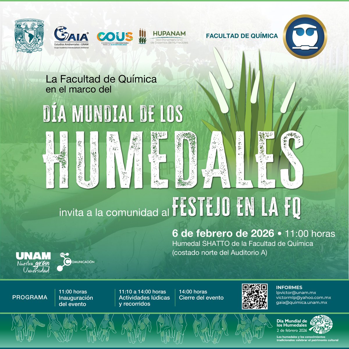 🌿 En el marco del Día Mundial de los Humedales, la Facultad de Química invita a la comunidad al festejo en el Humedal SHATTO, donde podremos conocer y reflexionar sobre la importancia de estos ecosistemas. ¡Te esperamos!
