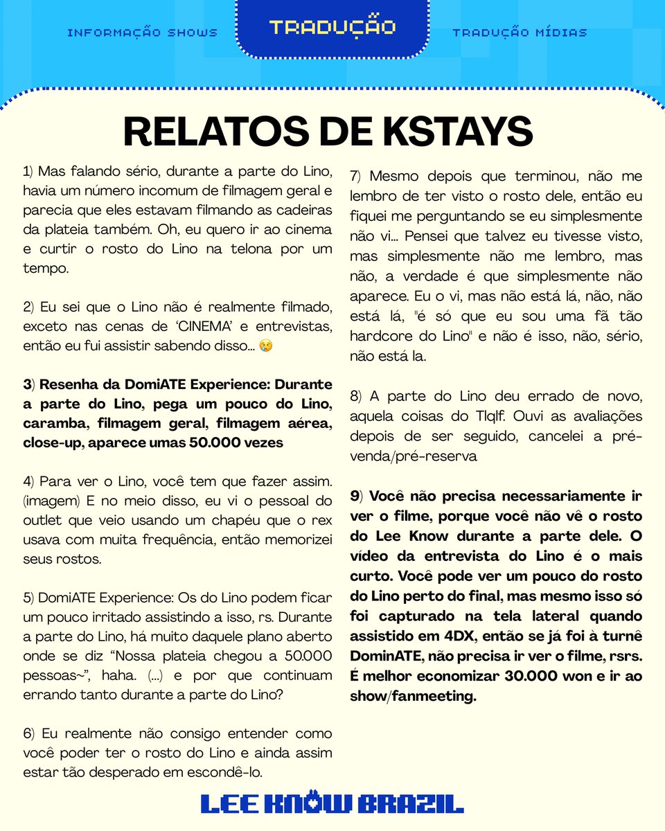 LeeKnowBrazil's tweet photo. 💔 Estamos mais uma vez vendo a falta de respeito ao trabalho do Lee Know. O filme do Stray Kids já estreou na Coreia do Sul, e STAYs deixaram relatos entristecidos, falando sobre a falta de tempo de tela do Lee Know, algo que já denunciamos desde a abertura dessa fanbase. Não é um problema novo, mas estamos cansadas dessa situação! 

A @LKglobal_ foi certa quando afirmou: "Lee Know está sendo sistematicamente apagado da mídia do grupo". E agora algo que já denunciamos tantas vezes e que facilmente podia ser resolvido, está fazendo com que muitos fãs estão querendo boicotar o filme e próximo álbum pela ausência do Lee Know nos conteúdos. 

Seguem algumas reclamações sobre o filme: Lee Know quase não tem tempo de tela suficiente, especialmente em suas partes, sua entrevista individual é a mais curta, muitos closes desnecessários da multidão. 

Lee Know sumindo dos conteúdos oficiais é um desrespeito, pedimos que nos ajudem reclamando mais uma vez para que talvez isso não se repita.

Deixamos a tradução aproximada das reclamações abaixo 👇 

Usem as tags:
JYPE RESPECT LEEKNOW
WE WANT TO SEE LEEKNOW 
#jype는_리노를_존중해야_해
@Stray_Kids @Stray_Kids_JP @stay_support