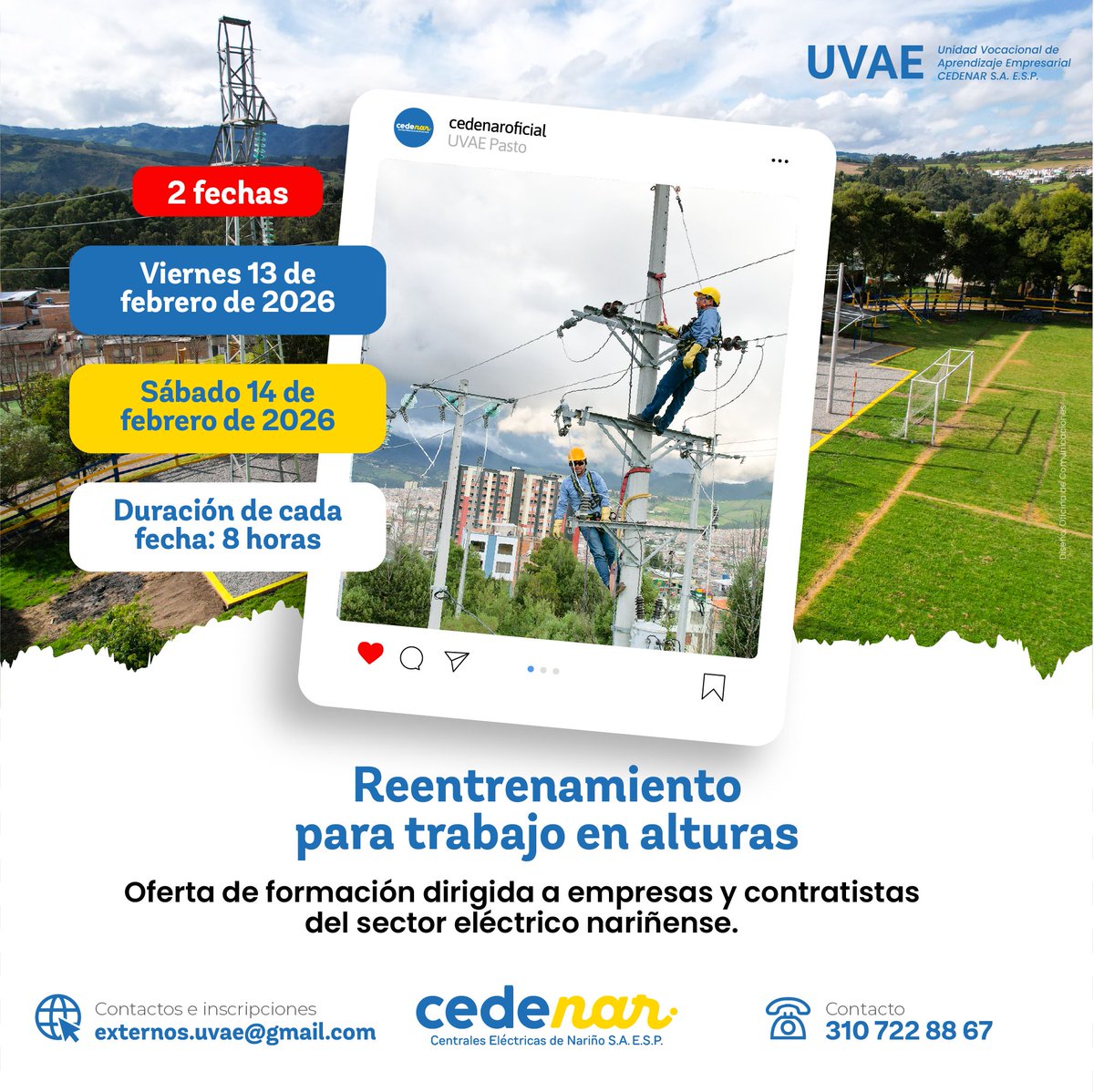 Cedenaroficial's tweet photo. ✨En #febrero fotalece tus conocimientos 📚en la #UVAE de @Cedenaroficial

👷🏼‍♂️🗓️ Cursos dirigidos a empresas y contratistas del sector eléctrico nariñense.

📚 Inscripciones abiertas - Cupos limitados
📱 Cel/WhatsApp: 310 722 8867
📧 externos.uvae@gmail.com
#Pasto #Cedenar https://t.co/9vEh9AF6WN